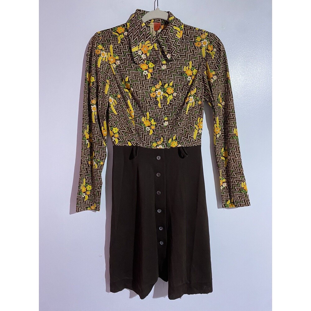 Vintage 70's Dress 7 Brown Dagger Collar Flower Power Poppy Psychedelic Floral‎